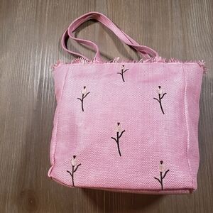 🌷 Vintage Woven Pink Purse with Embroidered Tulips and Gingham Interior